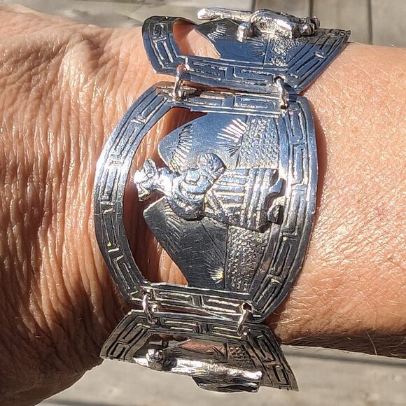 Estate Vintage Peruvian Lama Sterling Silver Five Panel Cuff Bracelet - Picture 2 of 10